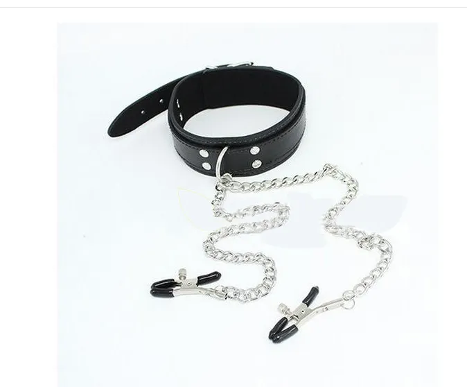 Leather chocker Neck Collar with Nipple Clamps chain